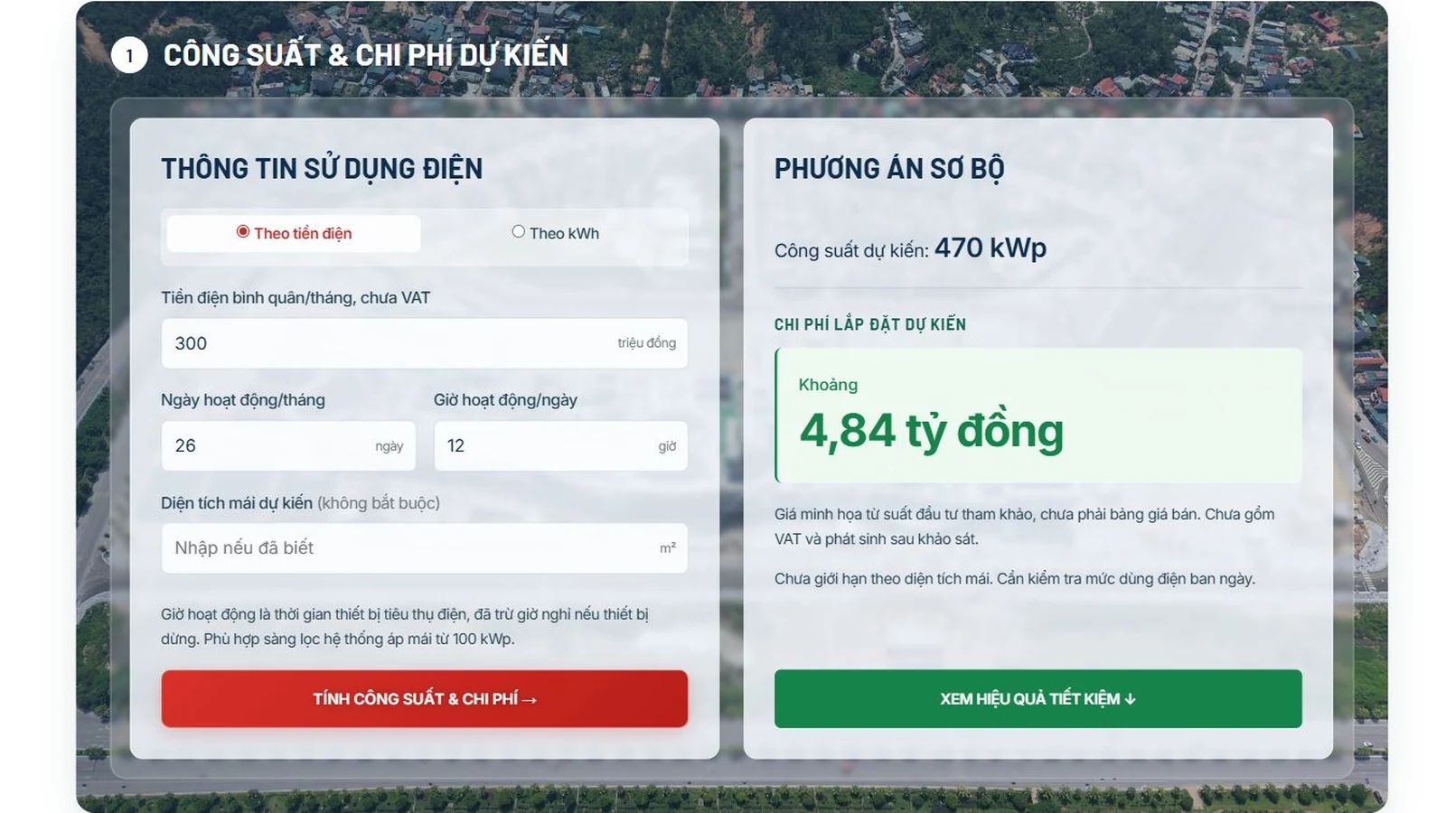Công cụ DATA Cons ước tính công suất và chi phí điện mặt trời với tiền điện mẫu 300 triệu đồng mỗi tháng