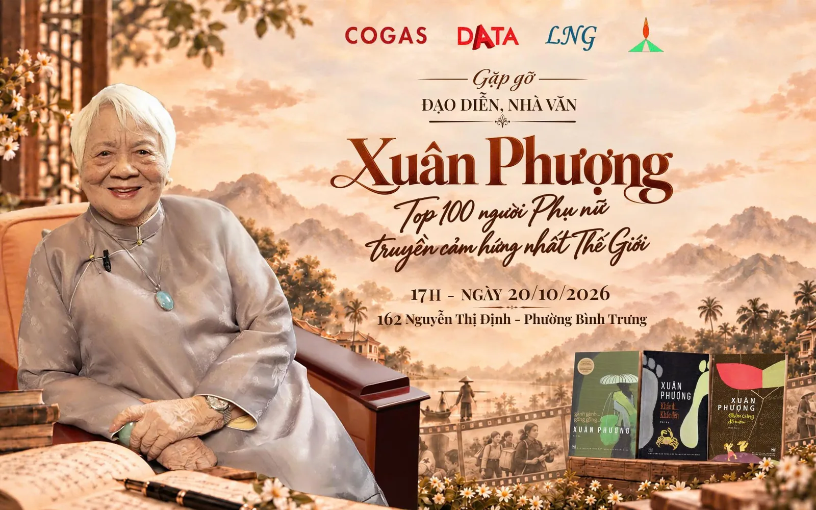 Poster chương trình gặp gỡ đạo diễn, nhà văn Xuân Phượng ngày 20/10/2026 do COGAS – DATA – LNG – Thành Tâm tổ chức.