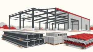 Minh họa nhà xưởng khung thép cùng thép hình, gạch bê tông và tôn mái